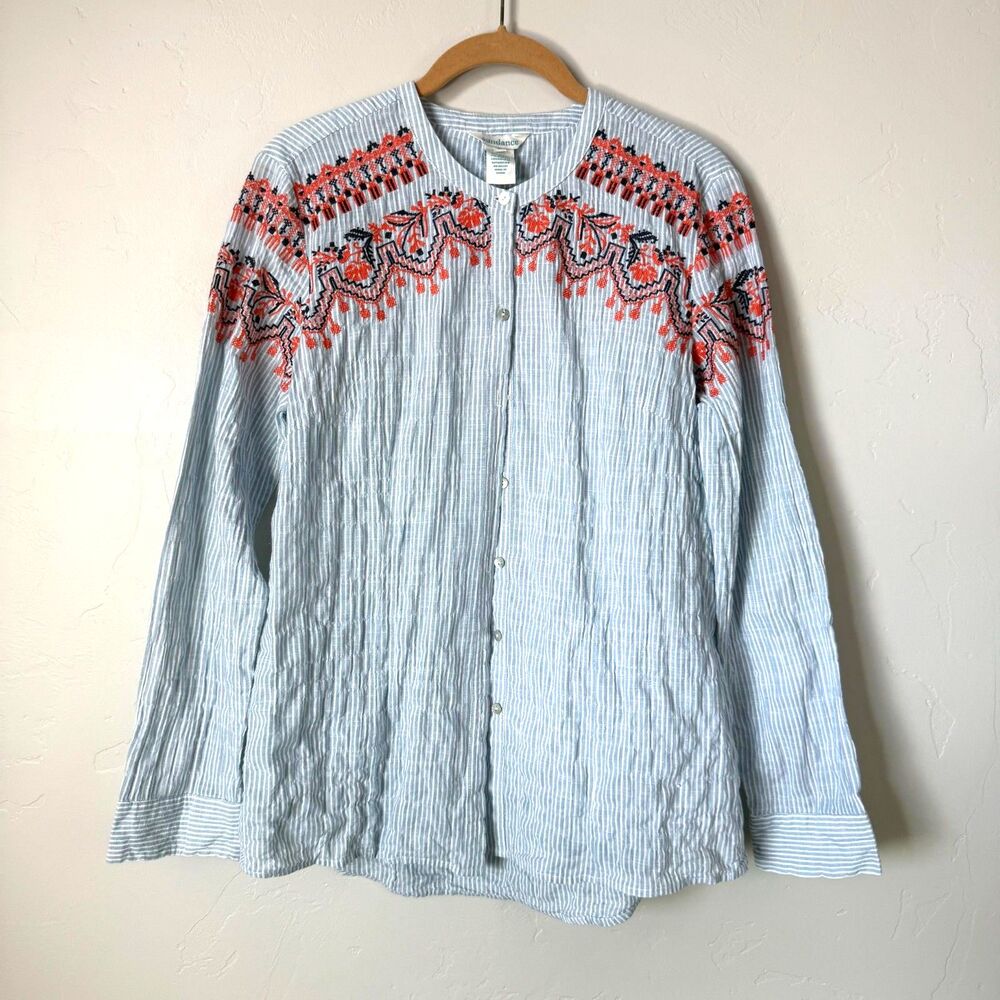Sundance Embroidered Striped Button Front Top Blouse Cotton Blue Orange M